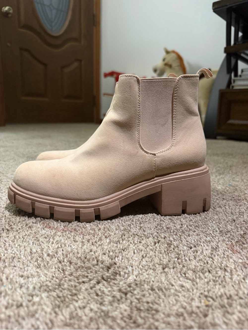 mysoft Nude Faux Suede Platform Lug Sole Chelsea Ankle Bootie